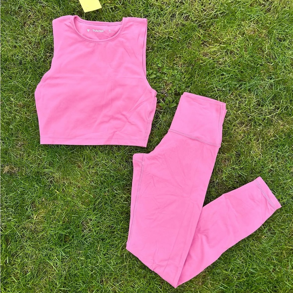 Aritzia TNAction Bright Pink Crop Tank Top & High Waisted Leggings Workout Set